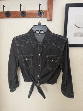 Rokadou Tie-Front Black Denim Shirt - XS will fit small western pearl snap